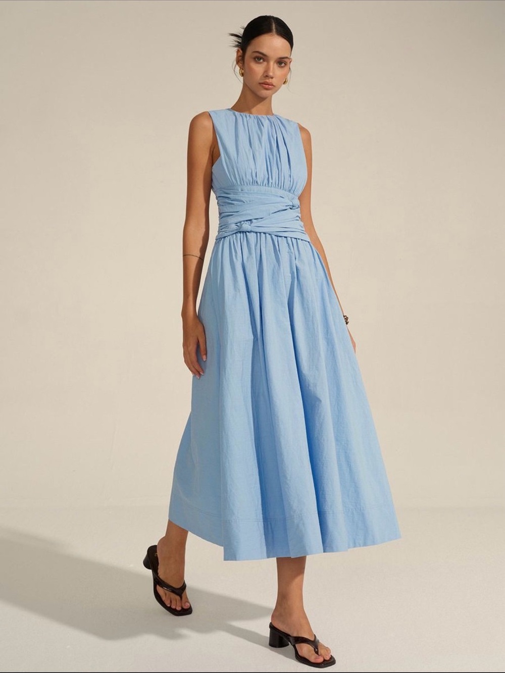 Commense Light Blue Sleeveless Gathered-Waist Midi Dress